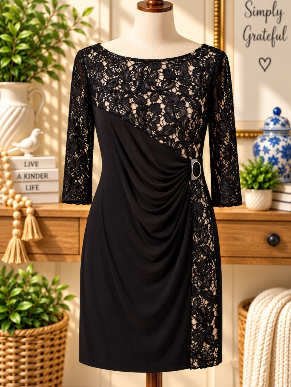 Tahari Arthur S Levine 10P Black Lace Draped Cocktail Dress